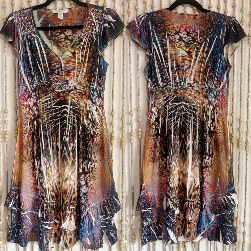 Y2K Boho Grunge Fairycore Rhinestone Embellished Empire Ruffle Hem Stretch Dress